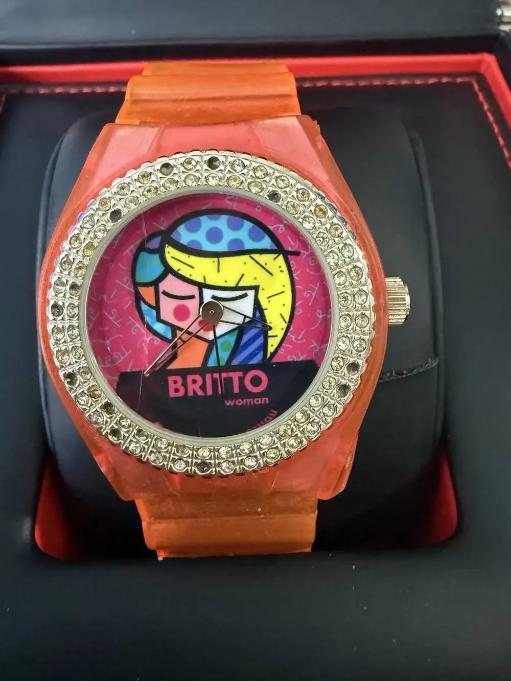 Romero Britto Woman Watch Orange Jelly Strap Rhinestone Bezel Untested